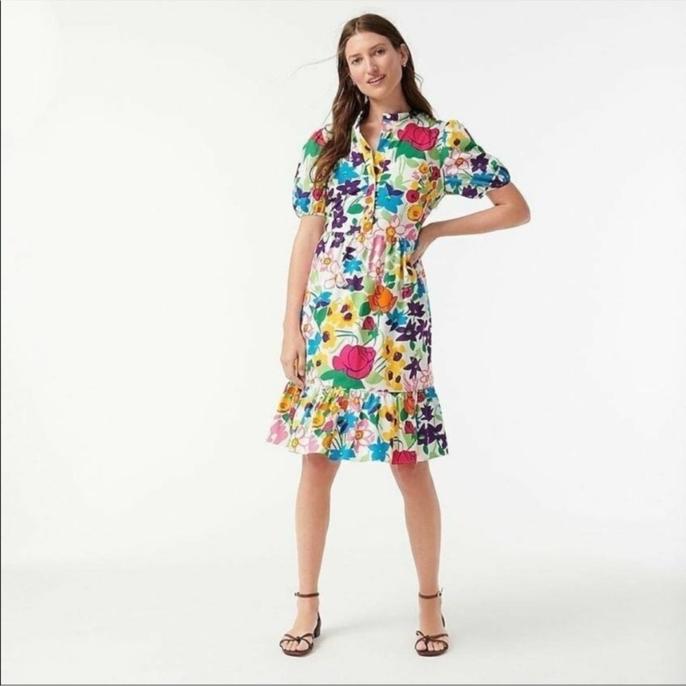 Nwt J.Crew Puff-Sleeve Dress In Vibrant Garden Print Floral Tiered Shift 4